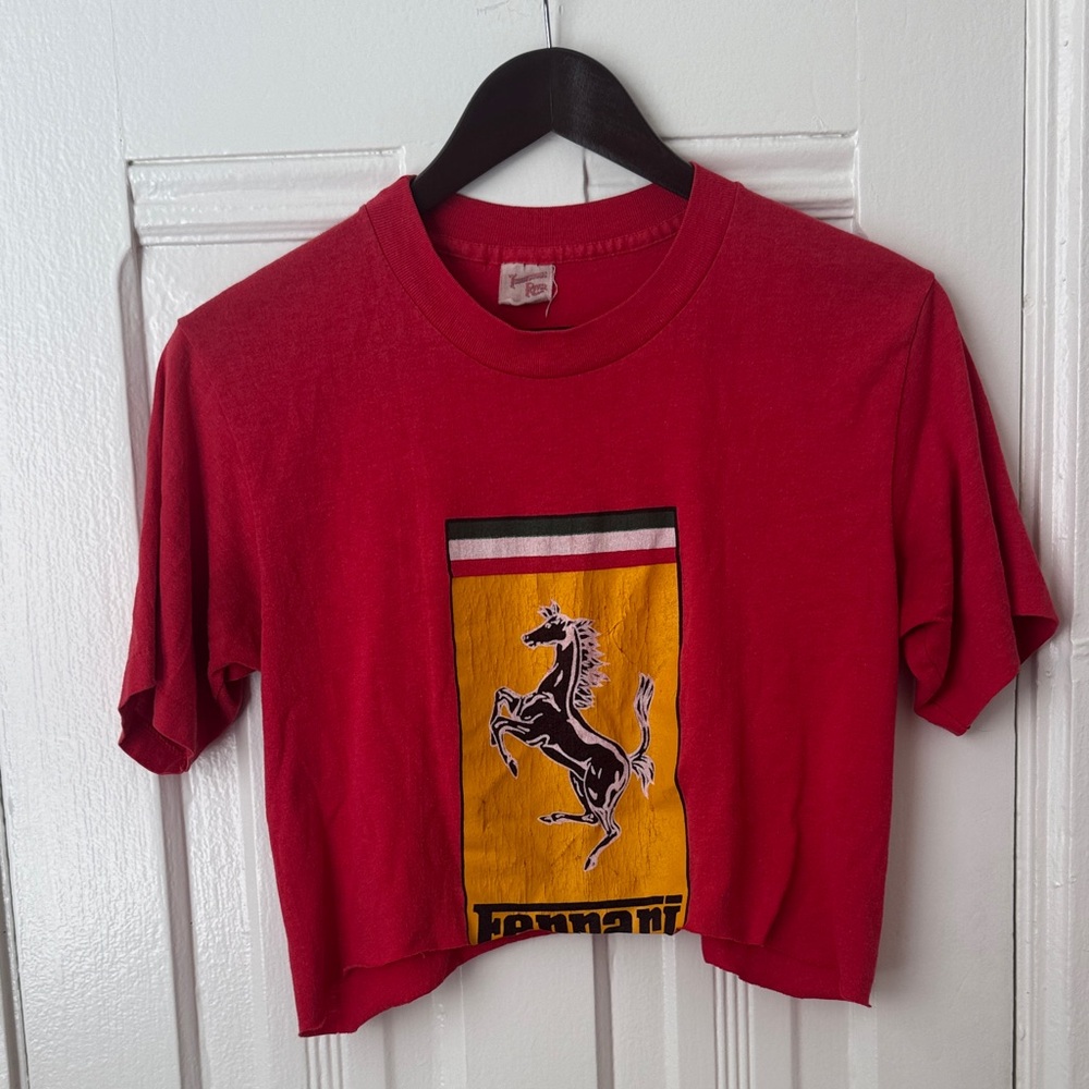 VINTAGE Ferrari Red Crop Tee with Yellow Logo Panel